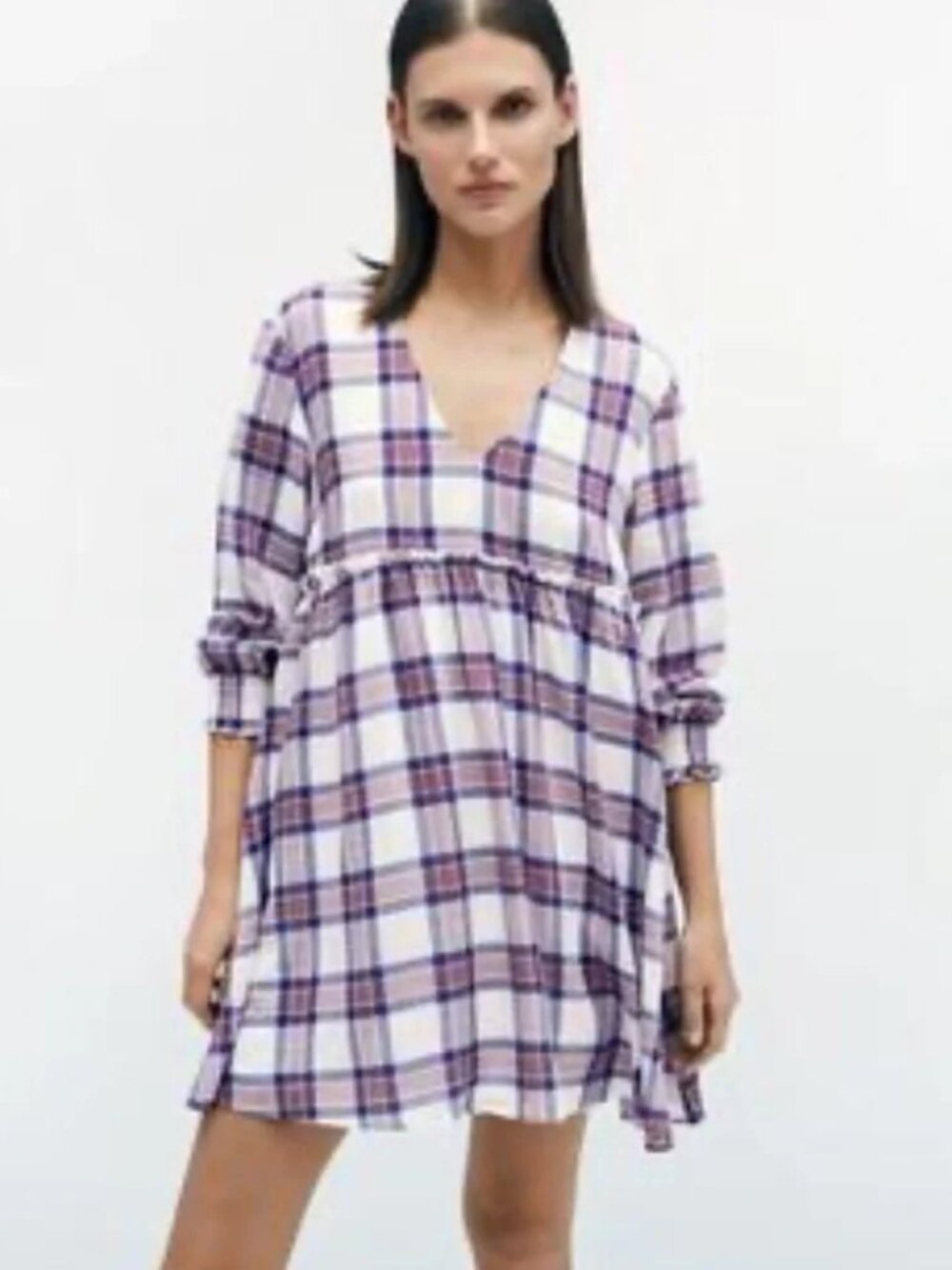 NWT Zara Plaid Babydoll Mini Dress Women’s XS V Neck Blue Red White Lined Boho - Picture 2 of 13